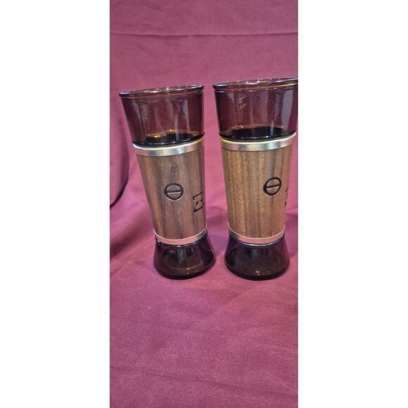 2 Vintage Siesta Ware MCM Amber With Wood Trim Glasses Tiki Bar Brown Gold Tone - Picture 5 of 6